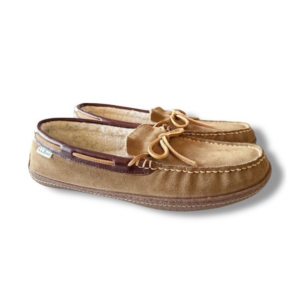LL Bean Wicked Good Leather Moccasin Slippers Men's Size 9 Tan Slip On Hard Sole - Picture 1 of 14